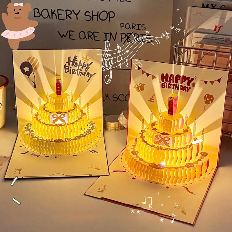 3D Music Light Birthday Card | Pop Up Cake Musical Greeting with Envelope