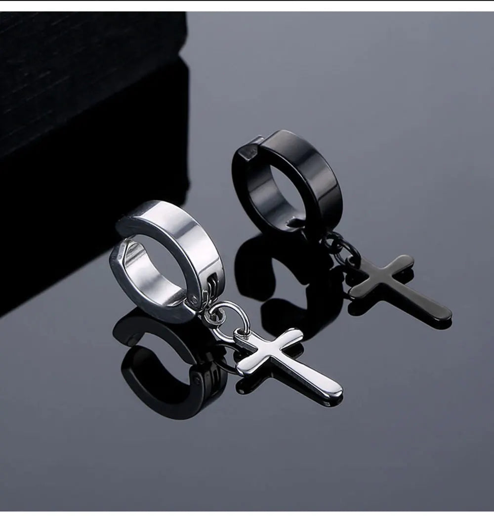 Punk Cross Stars Clip On Earrings | No Piercing Stainless Steel Ear Cuffs for Women Men