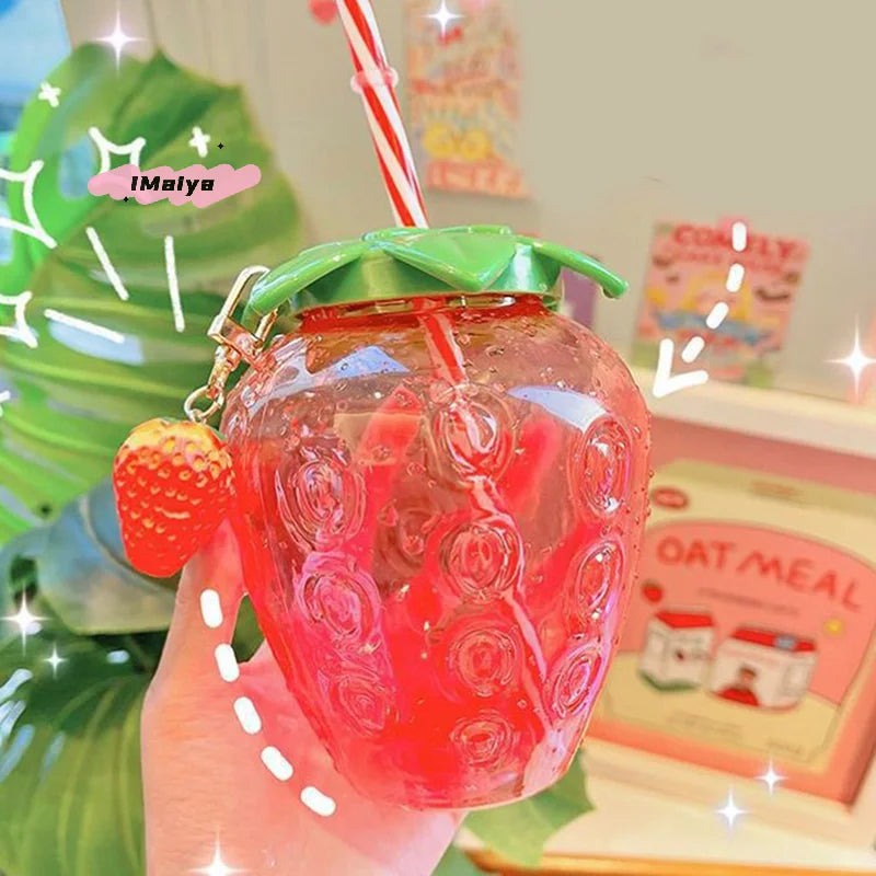 Strawberry Water Bottle 500ml | Cute Reusable Straw Cup for Home and Outdoor Use