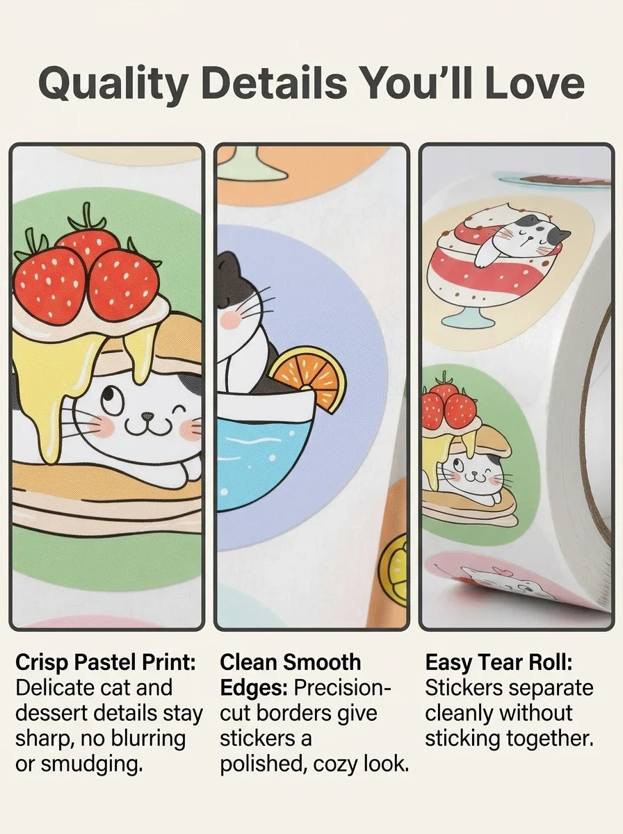1Roll(500Pcs) Cute Cats in Cup Lovely Animal Stickers | 8 Designs DIY Decal Gift