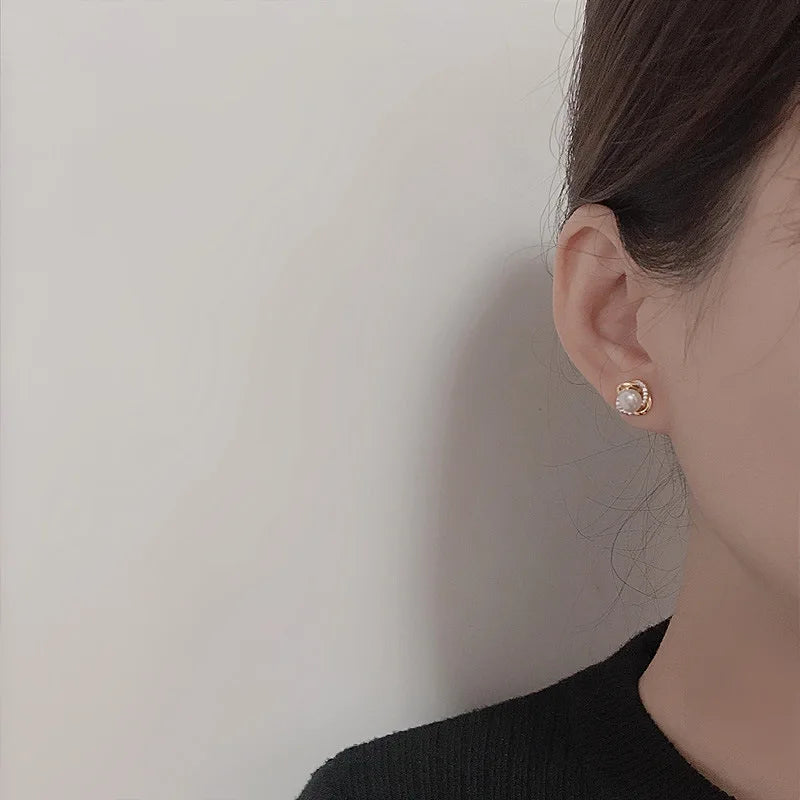 14k Gold Zircon Pearl Twist Stud Earrings | Luxury Women's Jewelry