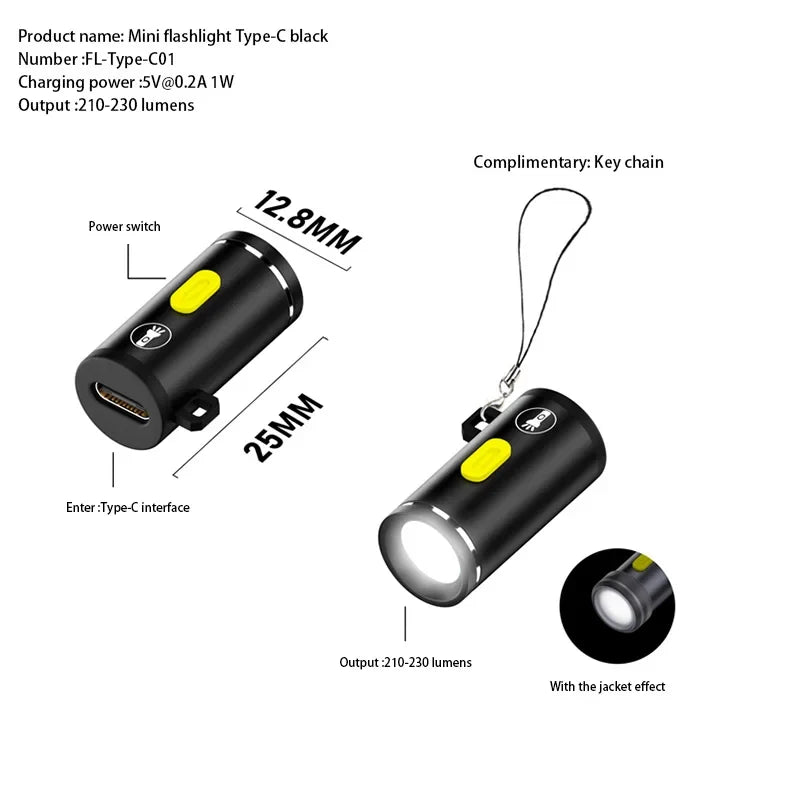 Mini Type-C LED Flashlight | Rechargeable Portable Keychain Light