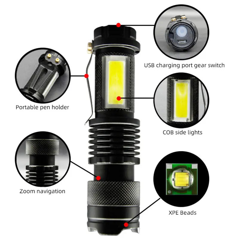 Mini XPE COB LED Flashlight | Rechargeable Dual Light Source for Hiking Camping and Fishing