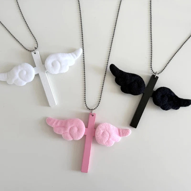Pink Wing Cross Pendant Necklace | Y2K Gothic Jewelry for Women