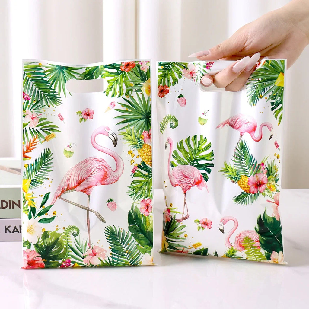 Tropical Hawaiian Party Tablecloth and Flamingo Decor Set | Plastic Table Runner and Candy Bags