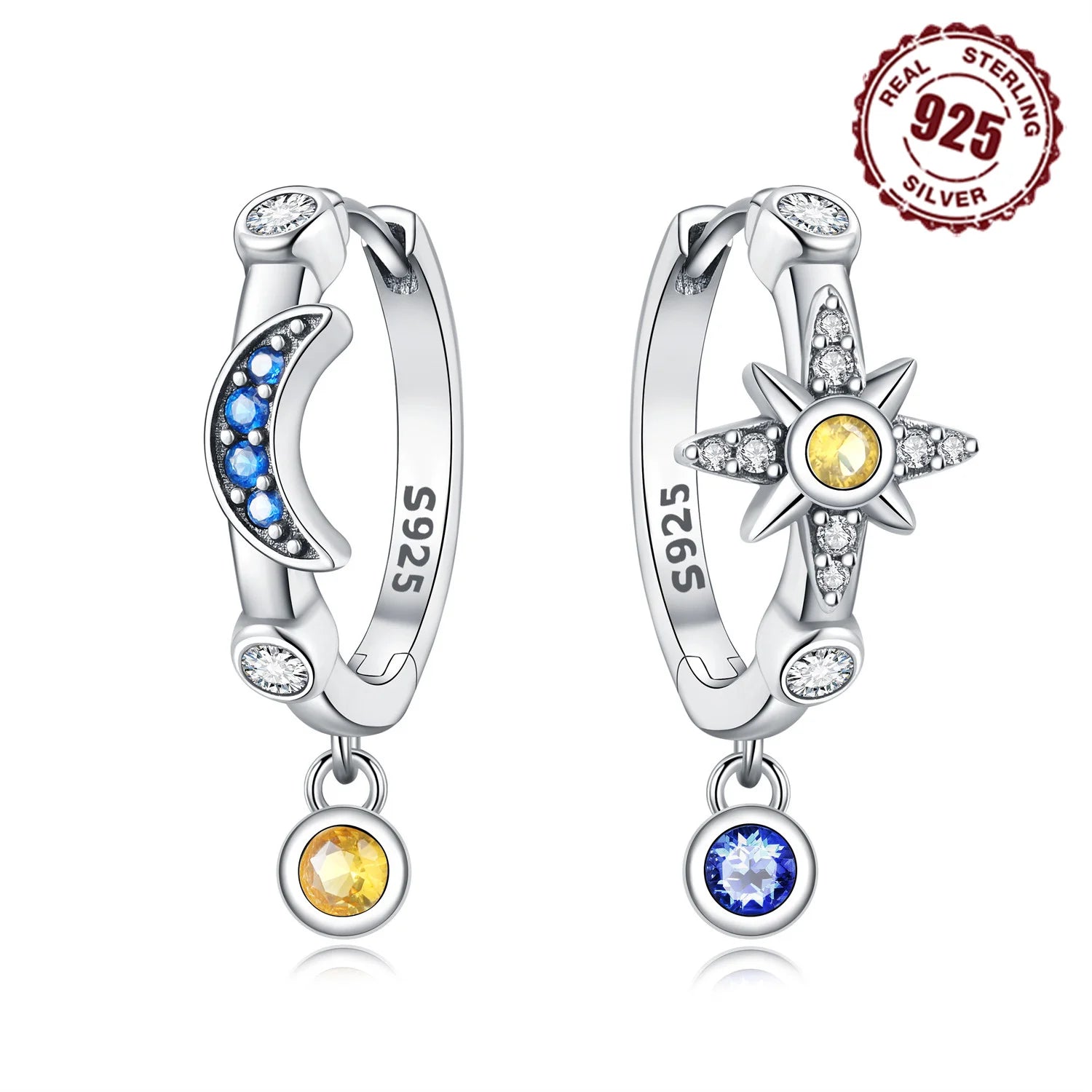 925 Sterling Silver Star Moon Hoop Earrings | Fine Jewelry Gift for Women