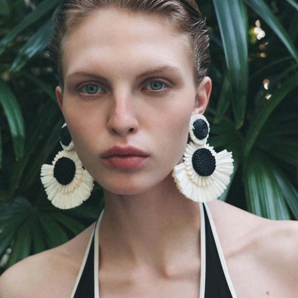 Black And White Raffia Fan Dangle Earrings | Bohemian Tribal Handmade Jewelry