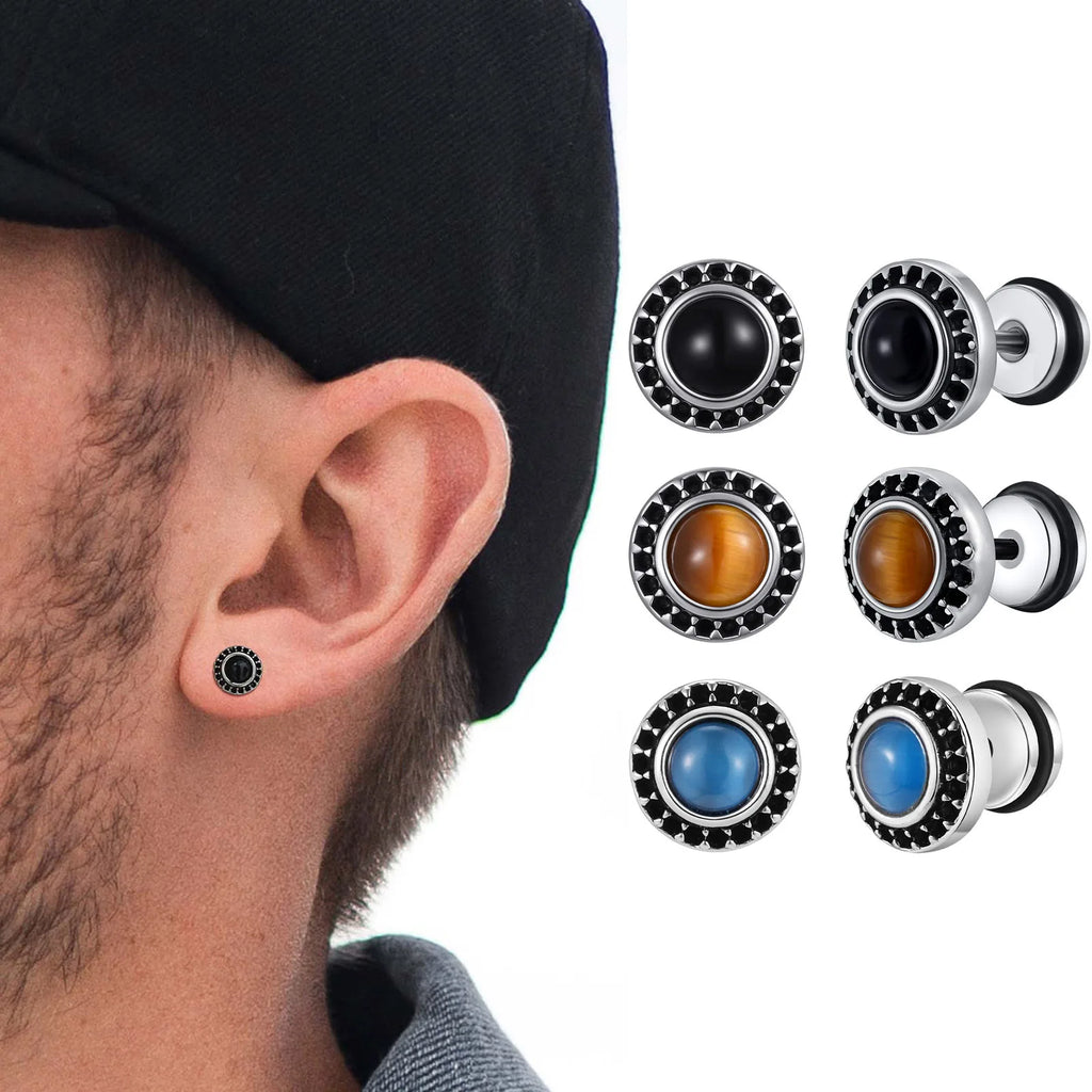 Men's Tiger Eye Stone Stud Earrings | Natural Gemstone Punk Earrings for Men