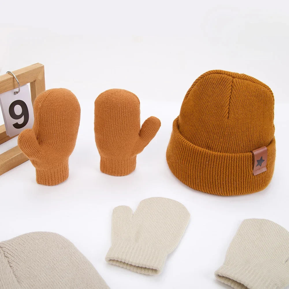 Baby Knitted Hat and Glove Set | Solid Winter Turban with Leather Star Tag
