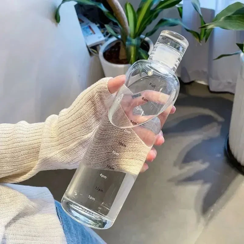 500/750ml Transparent Plastic Water Bottle with Time Marker | Leakproof Large Capacity Sport Drinkware