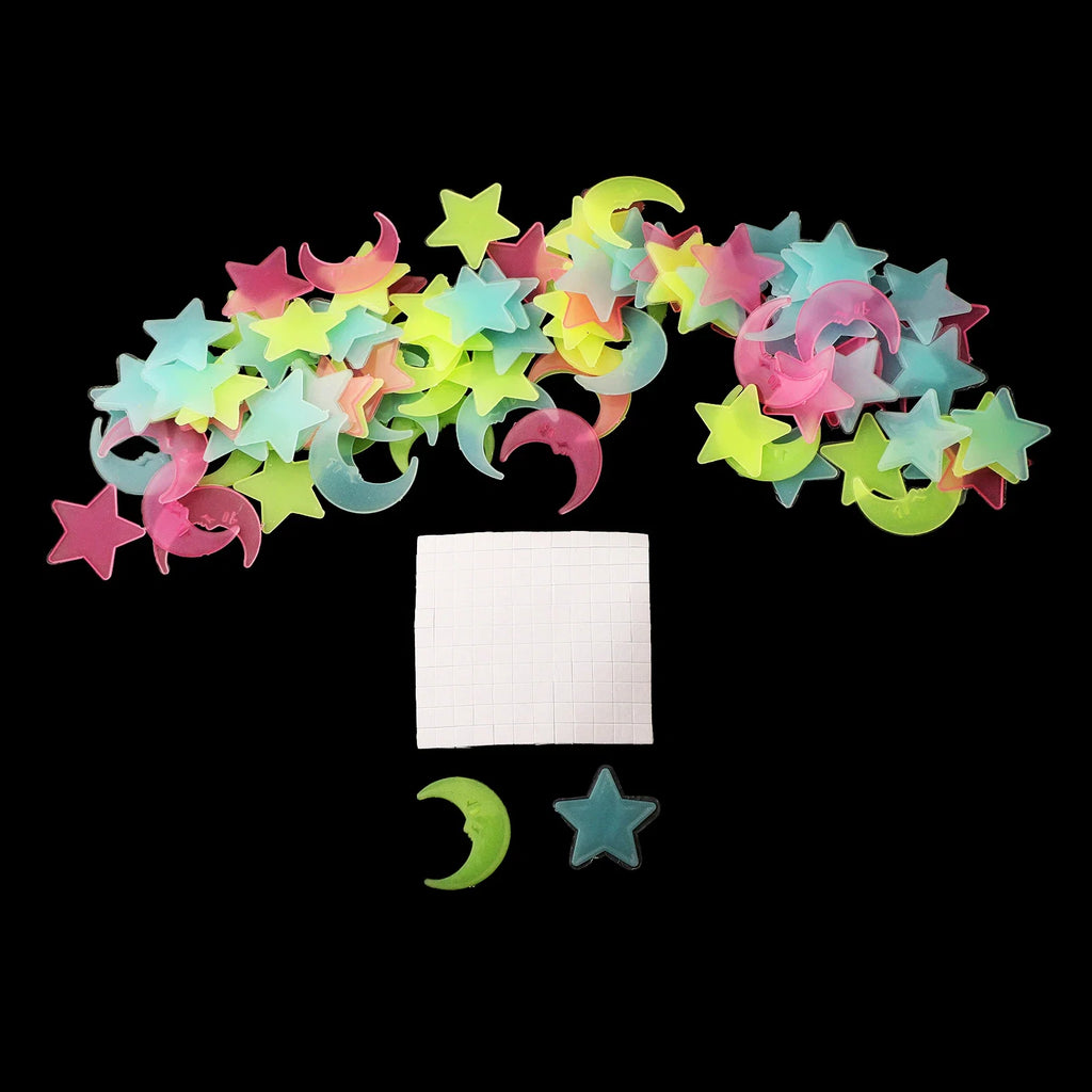 100pcs Glow in The Dark Moon and Star Stickers | Luminous Wall Ceiling Decor for Kids Room