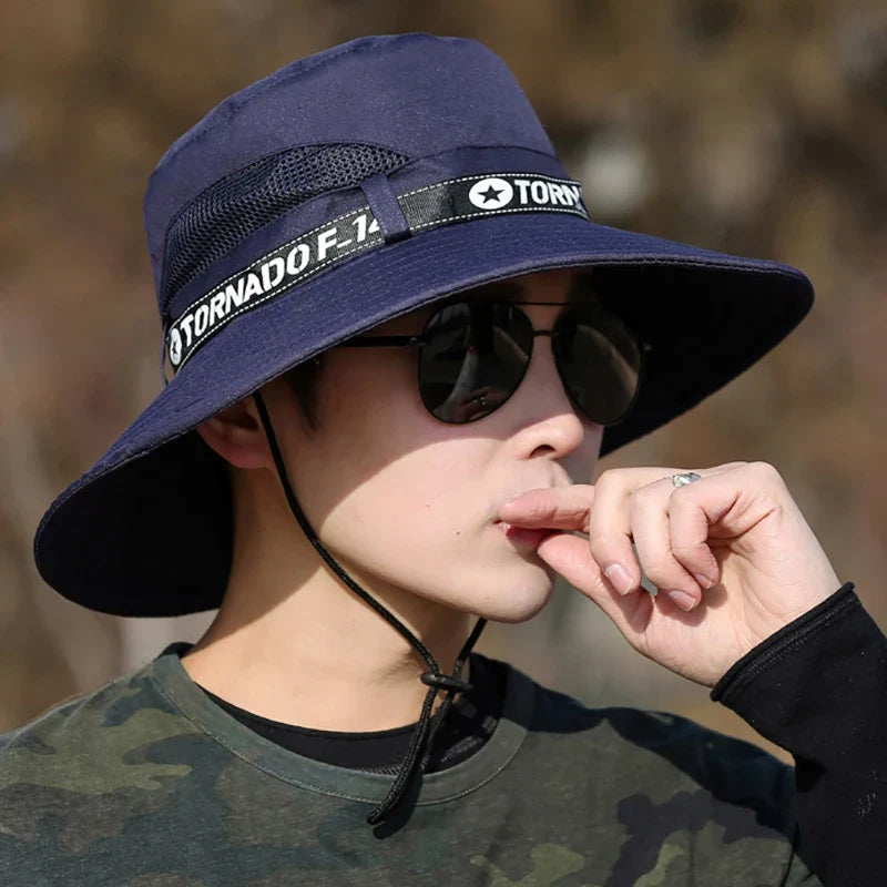 Windproof Men Outdoor Hat | Wide Brim Flat Top Fisherman Hat with Letter Print and Anti-UV Strap