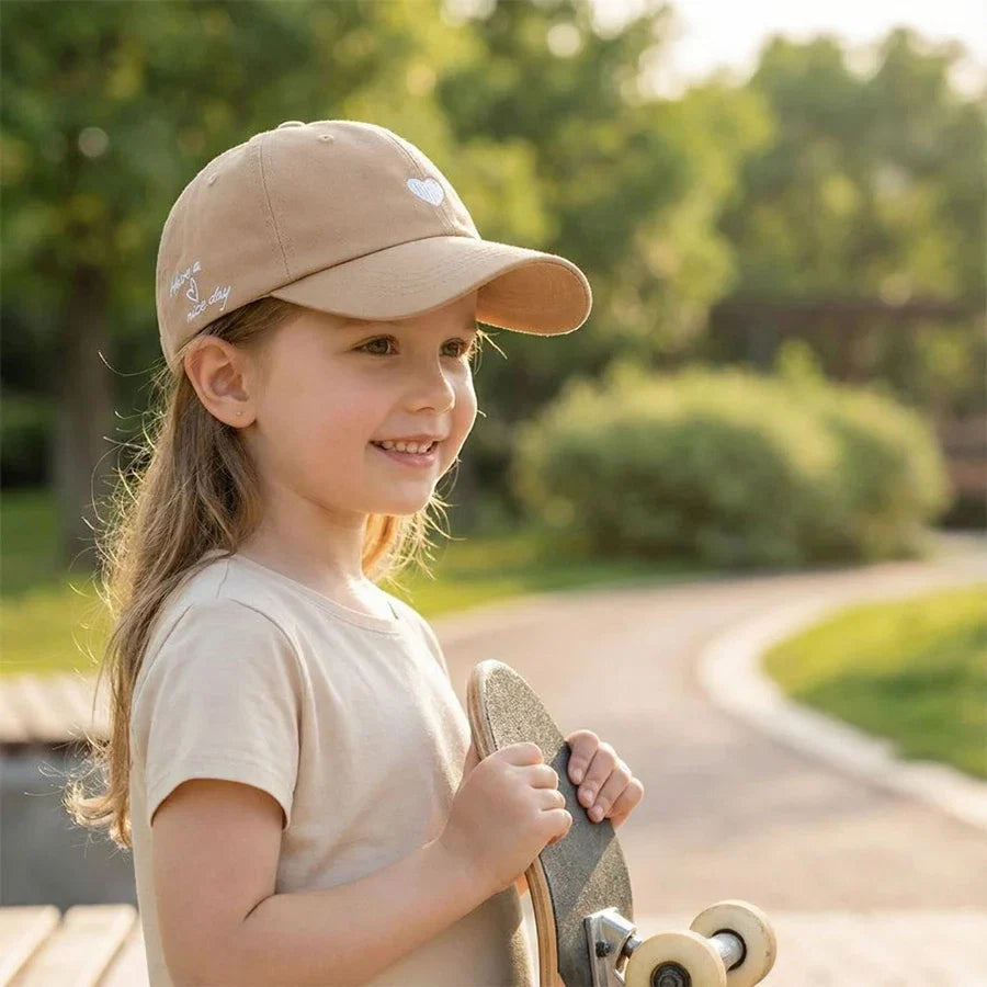 Sweet Heart Kids Girl Hat | Embroidery Cotton Ponytail Baseball Cap for Spring Summer 4-10Y