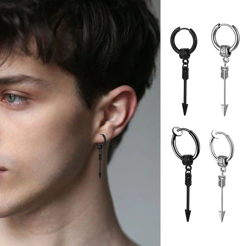 Black Arrow Punk Stainless Steel Stud Earrings | Unisex Gothic Ear Clip Set