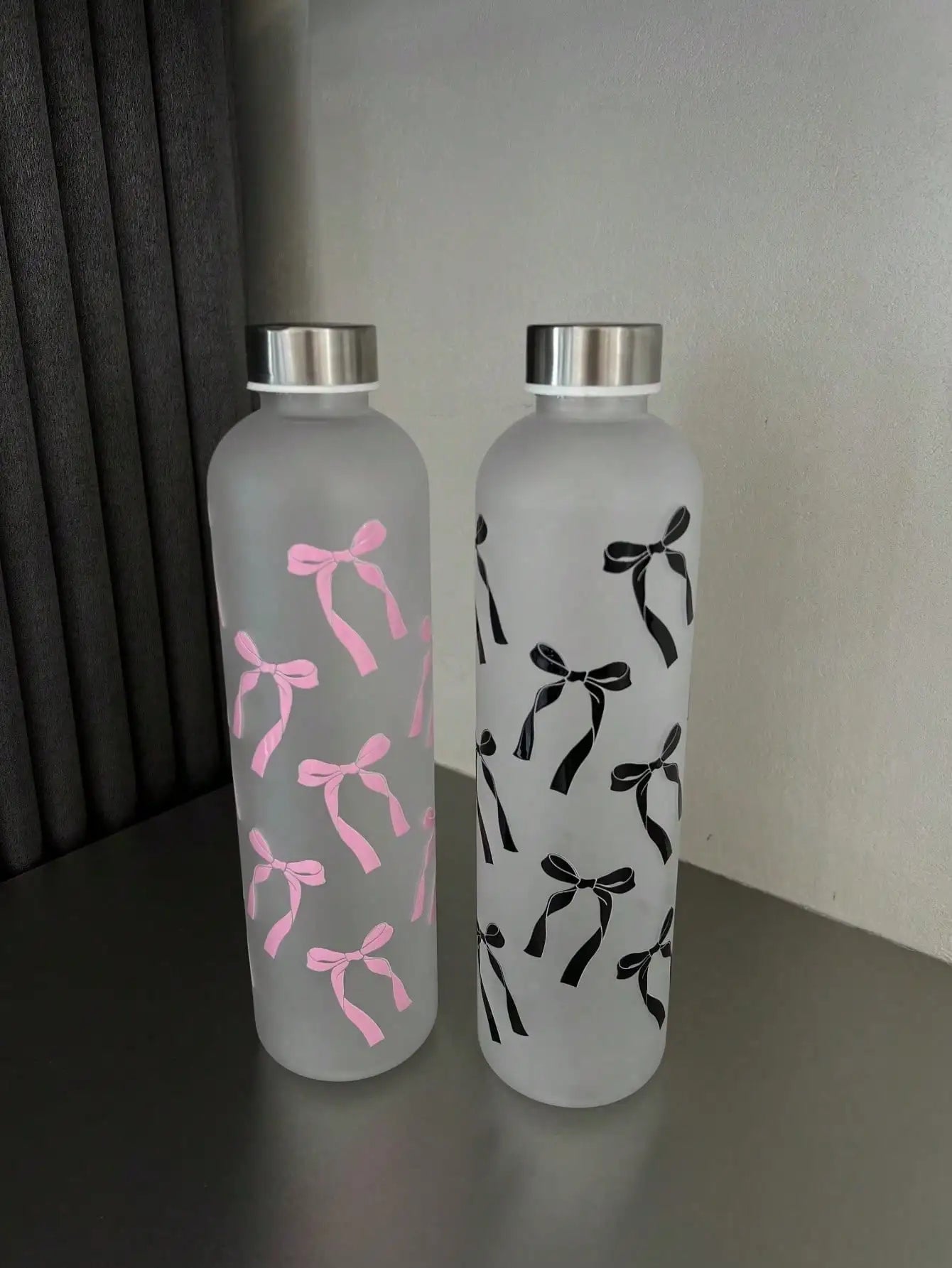 1000ml Matte Water Cup with Bow Print | Leakproof Stainless Steel Sports Bottle
