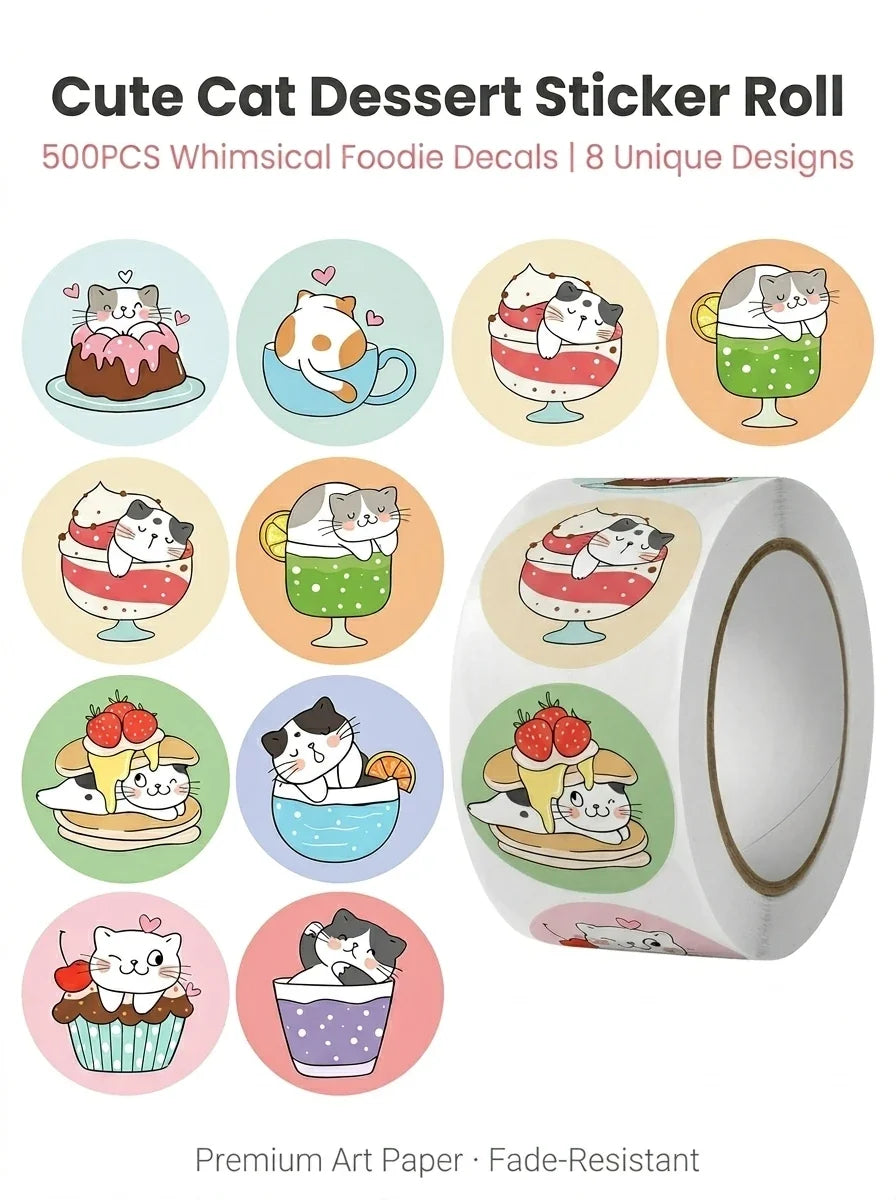 1Roll(500Pcs) Cute Cats in Cup Lovely Animal Stickers | 8 Designs DIY Decal Gift