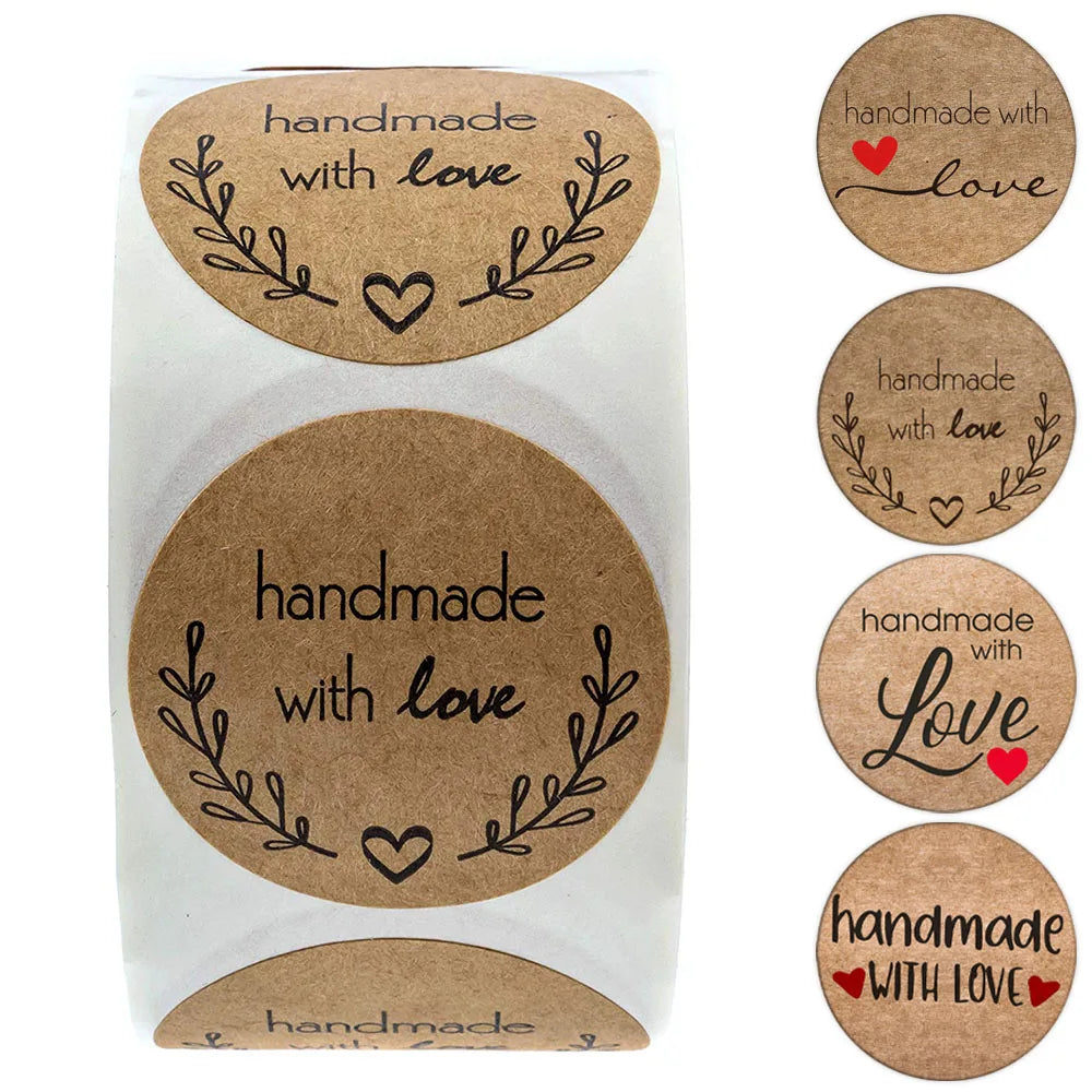 Vintage Kraft Paper Stickers | Handmade With Love Thank You Labels for Packaging and Gifts