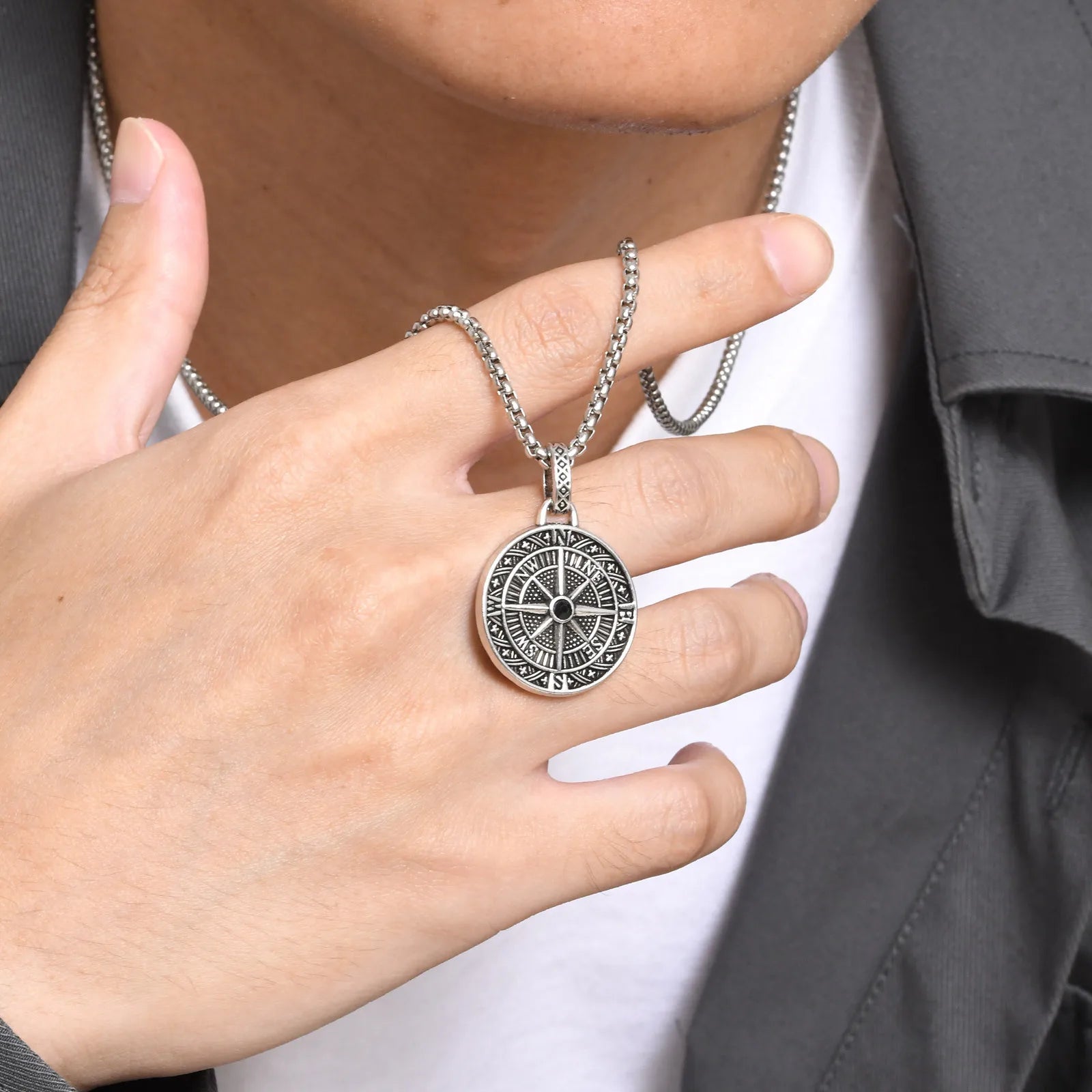 Vintage Compass Pendant Necklace | Stainless Steel Coin Necklace for Men