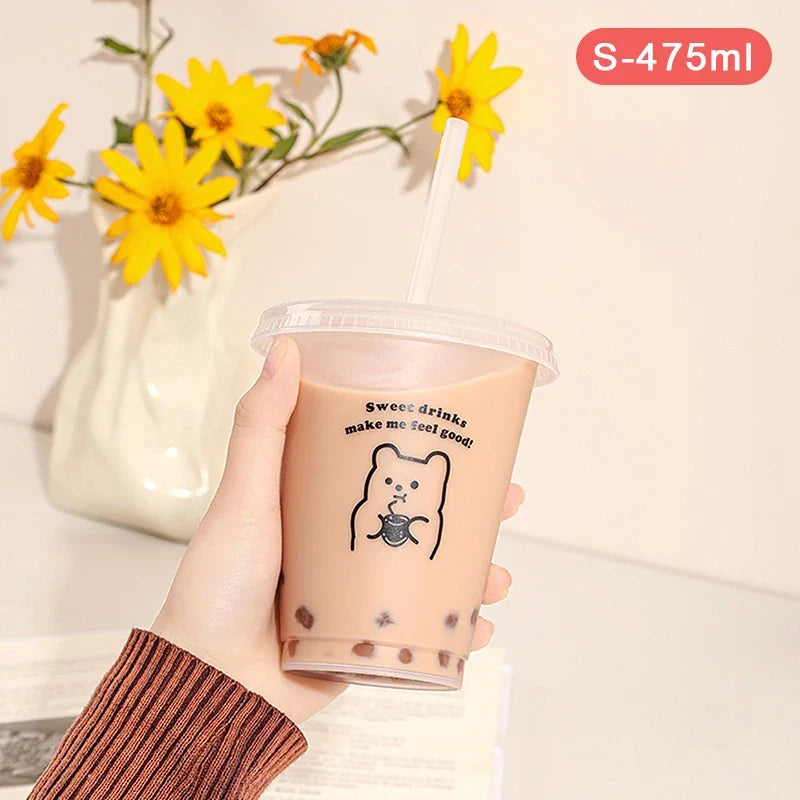 Kawaii Water Bottle for Coffee Juice Milk Tea | Cute Plastic Cold Cups with Straw Lid