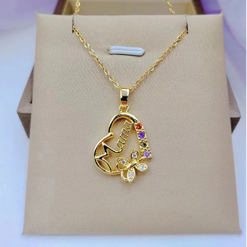 Crystal Heart Mama Necklace | Stainless Steel Pendant Jewelry for Mom