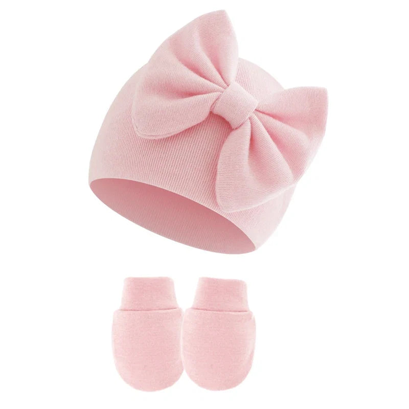2Pcs Baby Girl Hat and Gloves Set | Newborn Princess Beanie with Big Bow for 0-6 Months