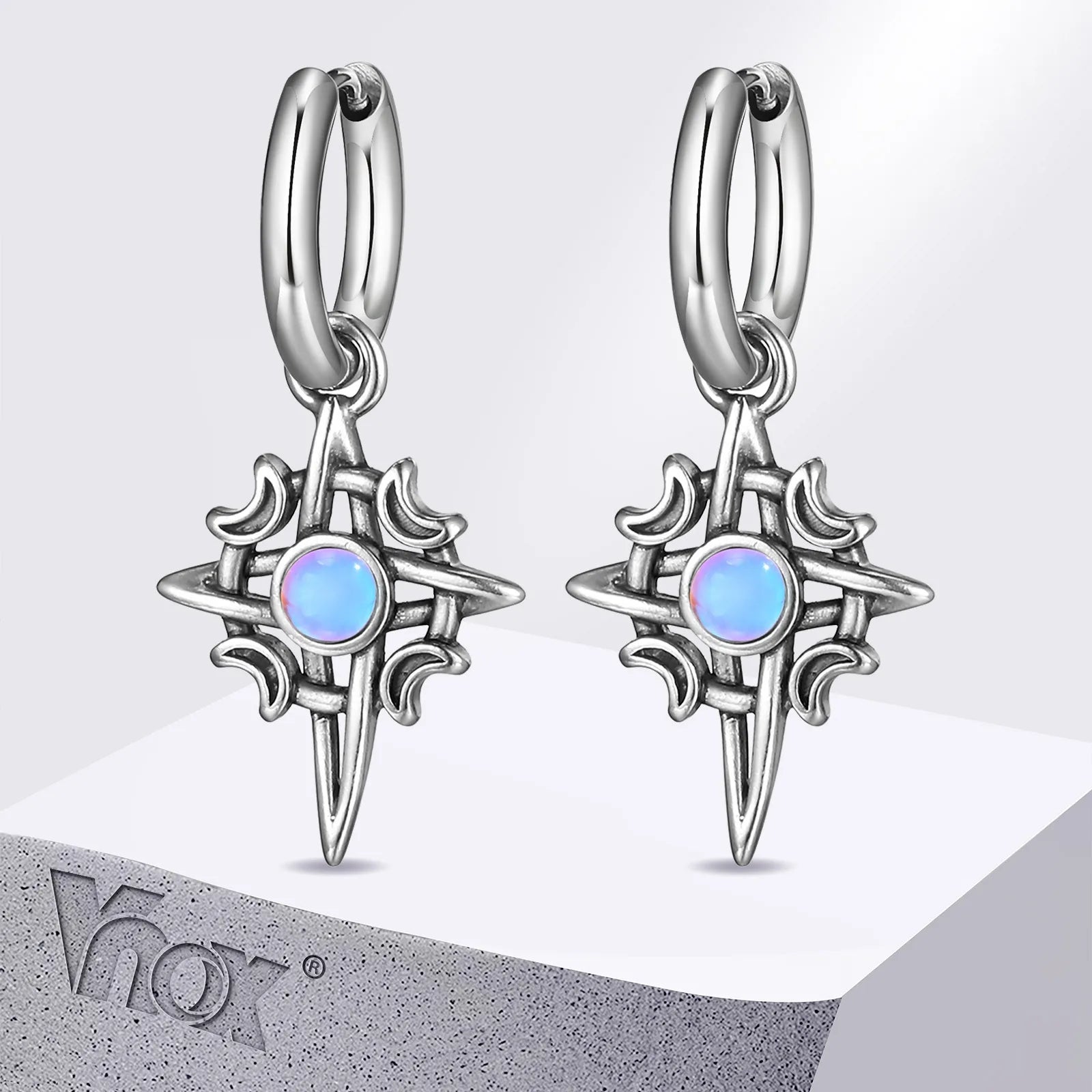 Stainless Steel Star and Moon Stone Earrings | Unisex Hoop Earrings Gift