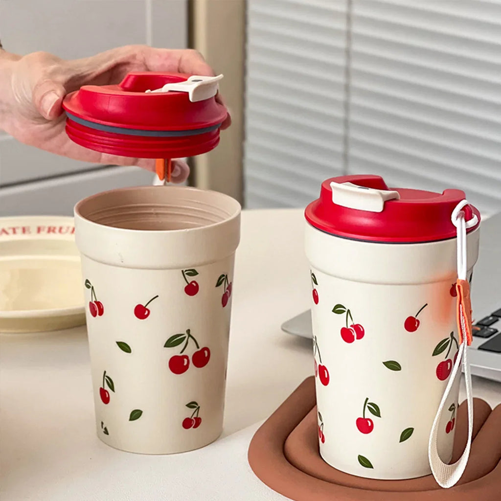 350/400ml Plastic Coffee Mug with Cherry Pattern | Travel Portable Water Bottle Tumbler