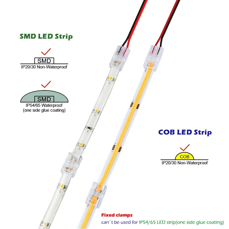 LED Strip Connectors and Fixing Clips Kit | 2-Pin COB Corner Connectors for Tape Lights
