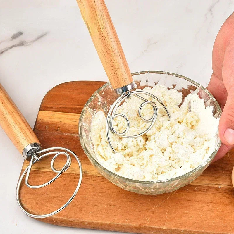 Stainless Steel Danish Dough Whisk | Wooden Handle Bread Mixer for Baking