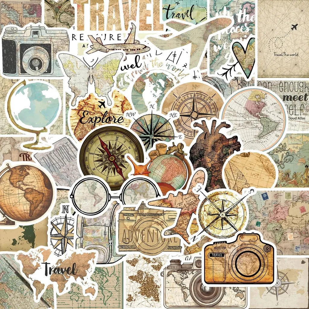 50 Pcs Travel Clock Map Graffiti Stickers | Waterproof Decals for Bike Laptop Pencil Case
