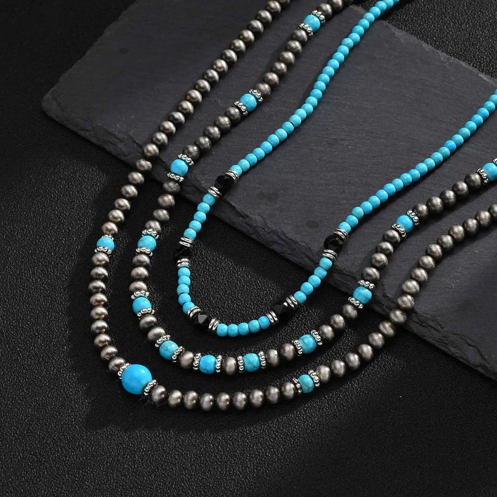 Synthetic Turquoise Necklace for Men | Natural Stone Mini Beads Summer Beach Bohemian Jewelry