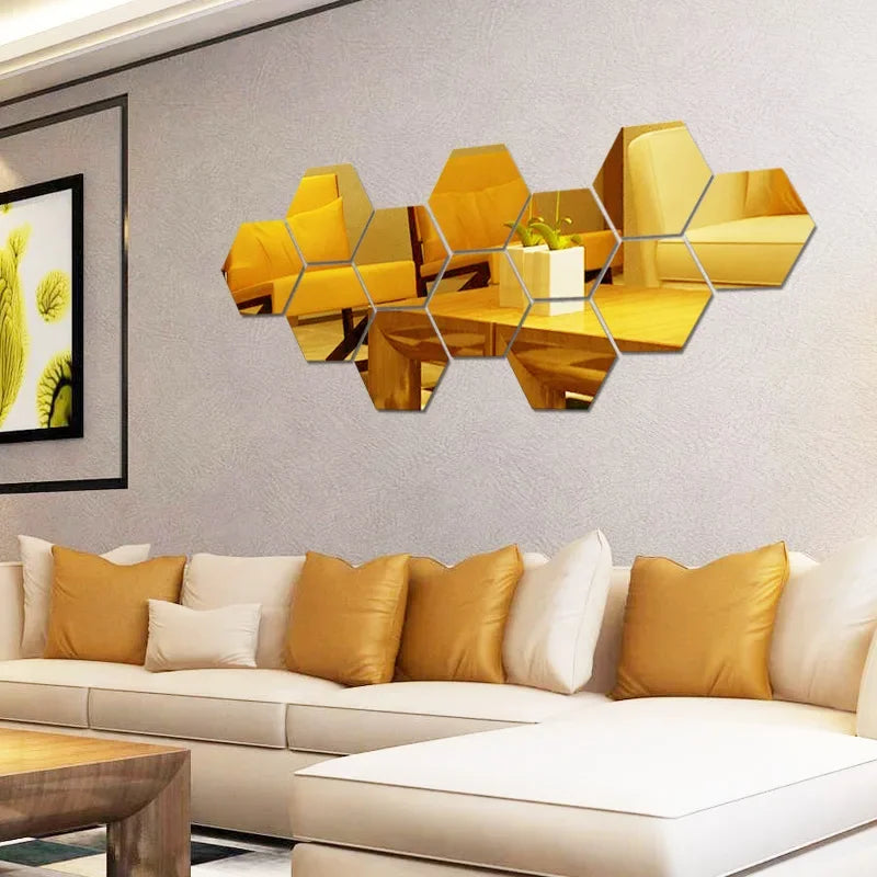 Hexagon Mirror Wall Stickers | Self-Adhesive Acrylic Mosaic Tile Decals for DIY Home Decor