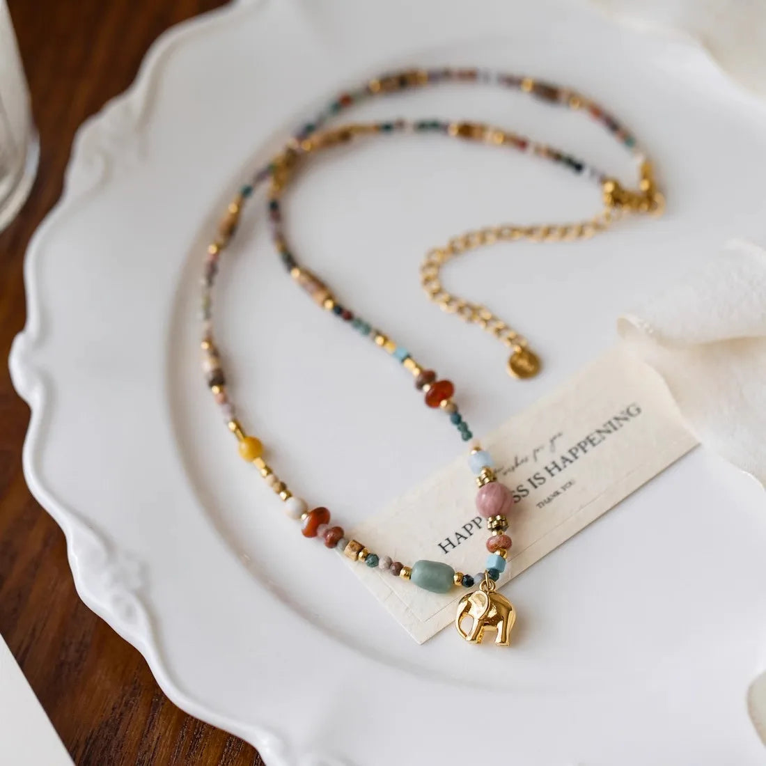 French Retro Natural Stone Pendant Necklace | Elegant Elephant Jewelry for Women