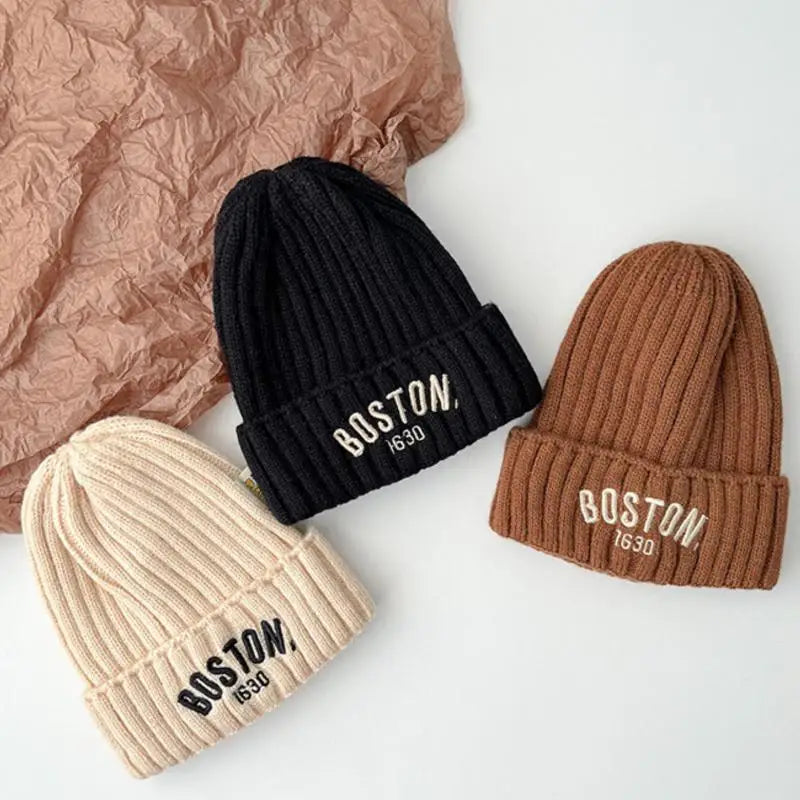 Boston Knitted Baby Hat with Letter Design | Winter Ear Protection Cap