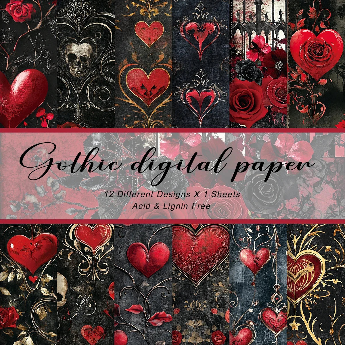 12pcs Gothic Love Themes Decor Paper | Valentine's Day Gift Wrapping and Scrapbooking Supplies