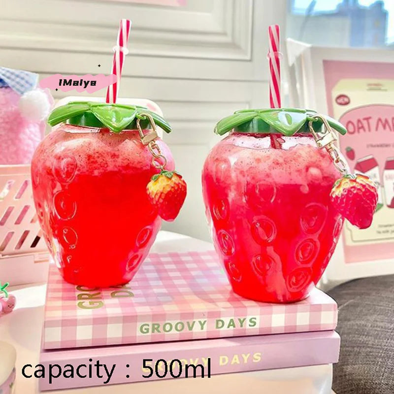 Strawberry Water Bottle 500ml | Cute Reusable Straw Cup for Home and Outdoor Use