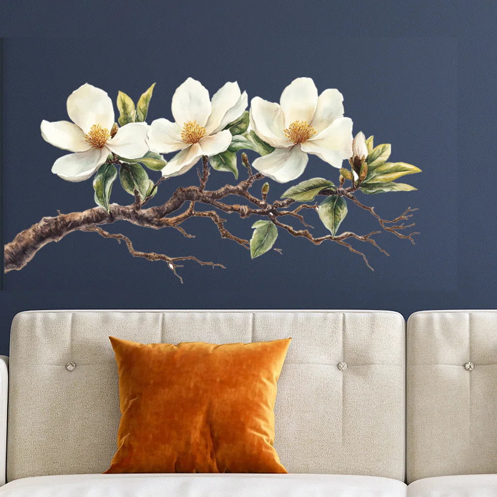 Elegant White Magnolia Blossom Wall Decal | Self-Adhesive Removable PVC Sticker