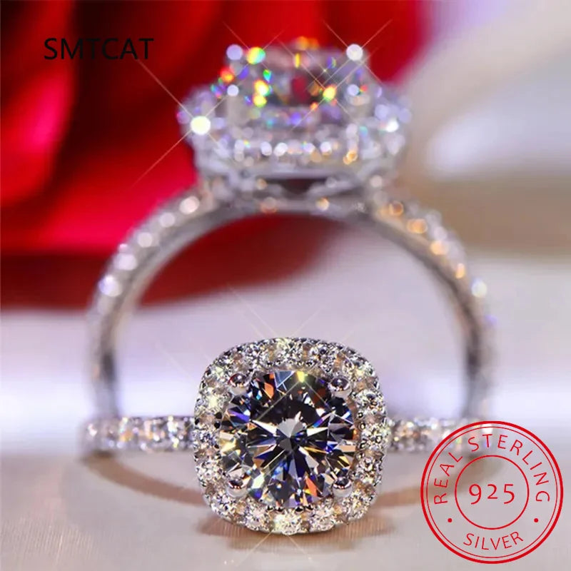 1CT 2CT 3CT Moissanite Engagement Ring | Sterling Silver Halo Bridal Set