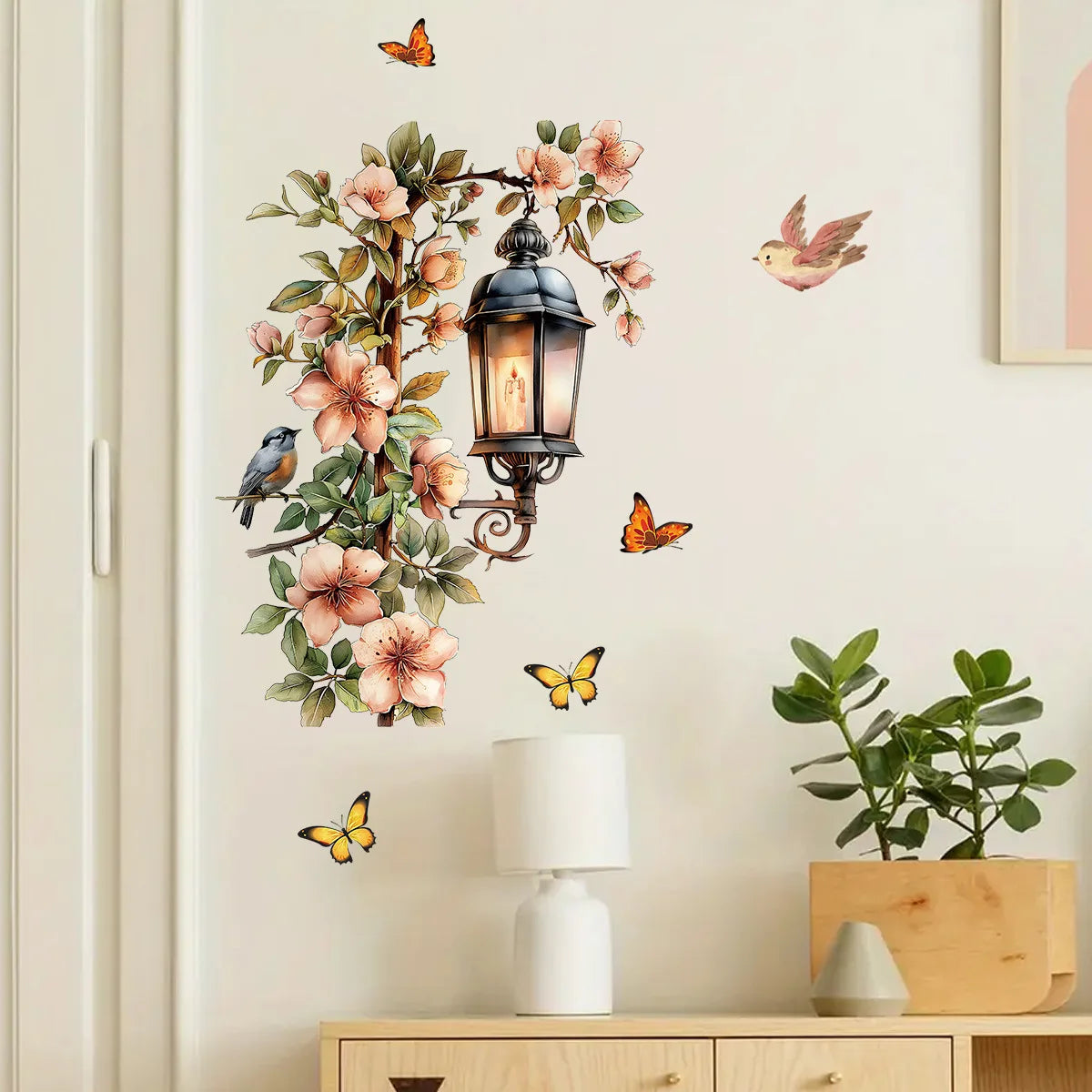 Colorful Flower Pendant Lamp Bird Wall Sticker | Self-Adhesive Home Decal