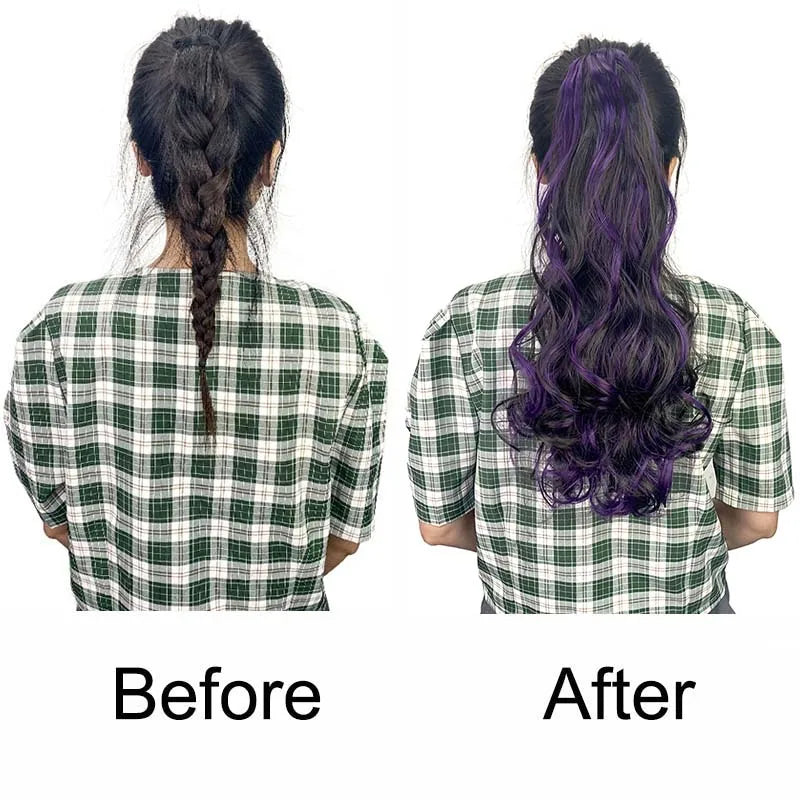 20 Inch Long Curly Ponytail Hair Extension | Mixed Red Purple Clip-In Hairpiece