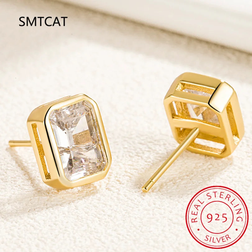 925 Sterling Silver Emerald Cut High Carbon Diamond Stud Earrings | Elegant Wedding Party Jewelry for Women