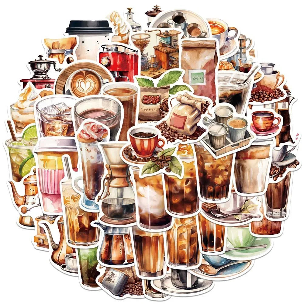 Coffee Lover Cartoon Sticker Pack | 50 Waterproof Decals for Laptop Helmet