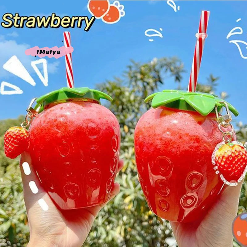Strawberry Water Bottle 500ml | Cute Reusable Straw Cup for Home and Outdoor Use