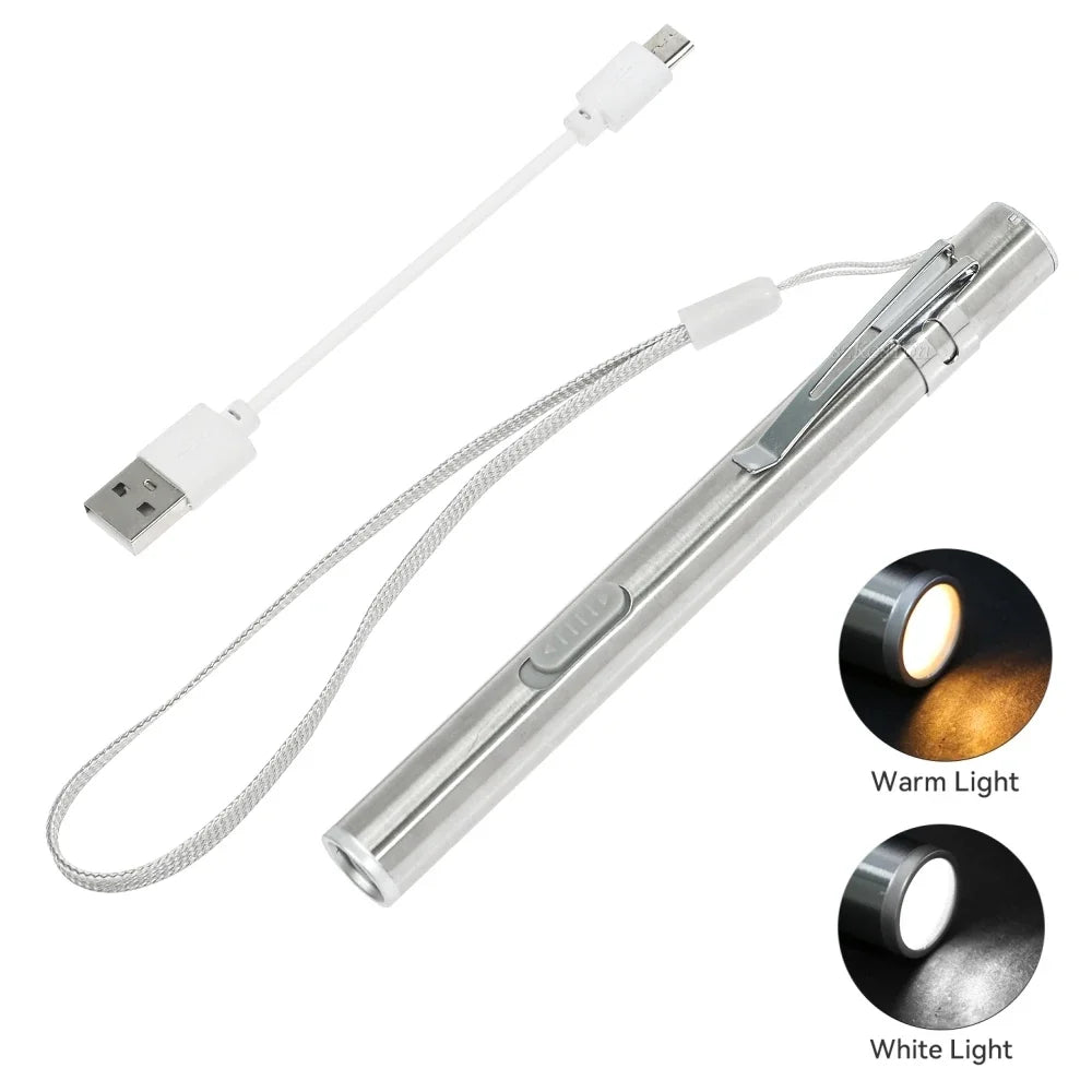 Mini Portable LED Pen Light | USB Rechargeable Medical Flashlight with Stainless Steel Clip