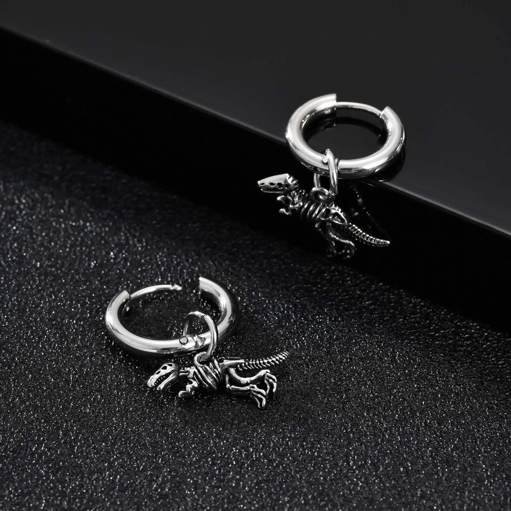 Dinosaur Drop Earrings | Stainless Steel Punk Rock Jewelry for Men and Women