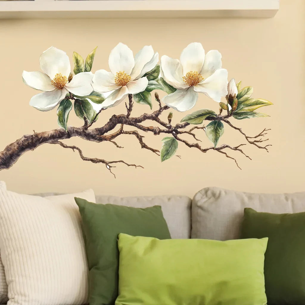 Elegant White Magnolia Blossom Wall Decal | Self-Adhesive Removable PVC Sticker