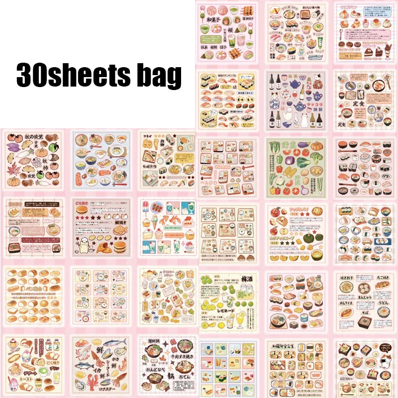 30pcs Japanese Vintage Food Theme Die-Cut Sticker Set | DIY Scrapbooking and Journaling Kit