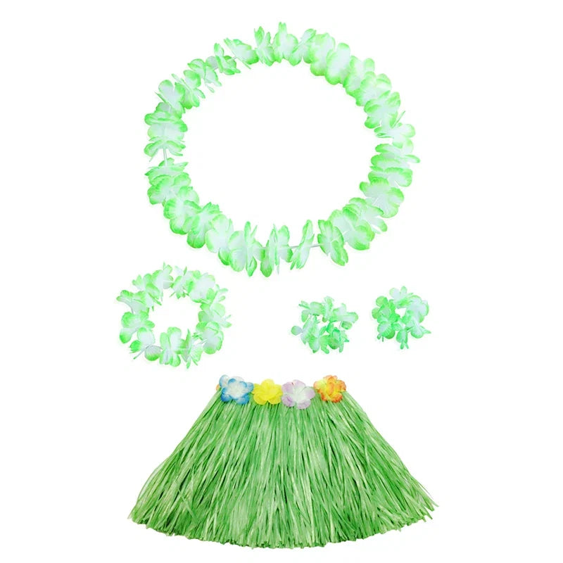 Kids Hawaiian Luau Costume Set | Grass Skirt Lei Flower Bracelets Headband