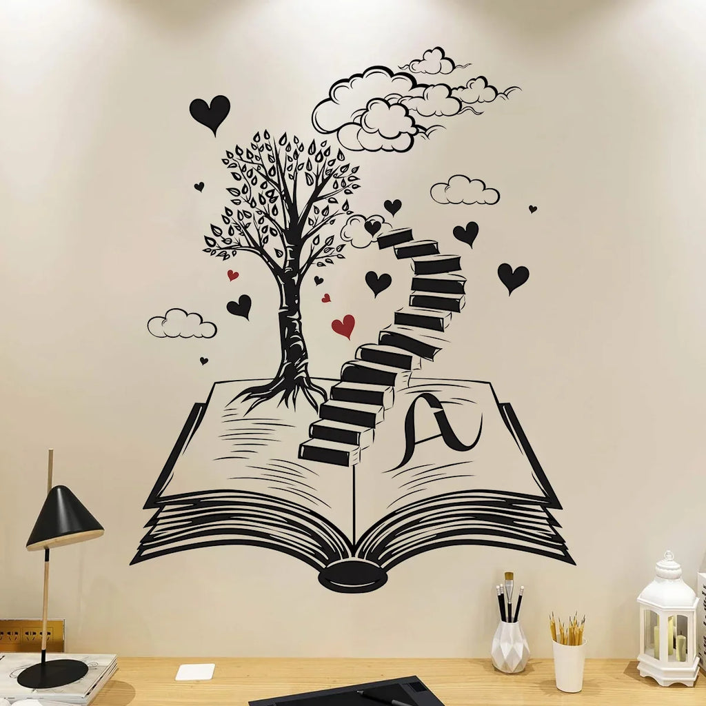 Wall Stickers for Living Room Bedroom | Creative Black Heart Book World Ladder Tree Wall Decals