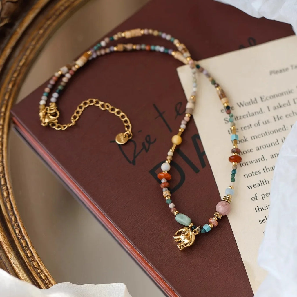 French Retro Natural Stone Pendant Necklace | Elegant Elephant Jewelry for Women